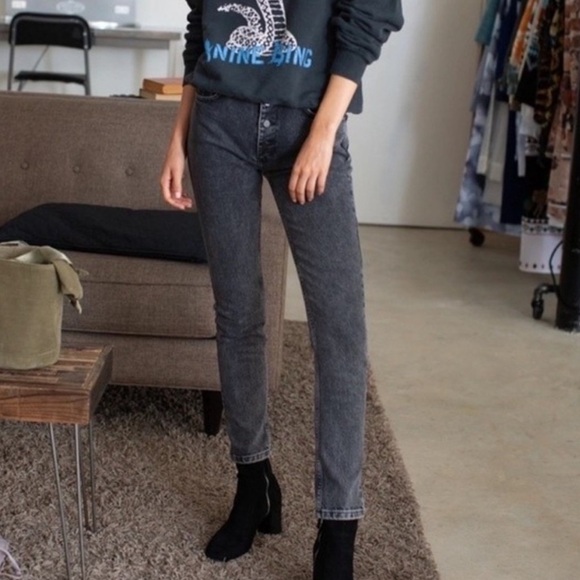 Anine Bing Frida High Rise Slim Jeans Charcoal Exposed Buttons - like new - Picture 1 of 12